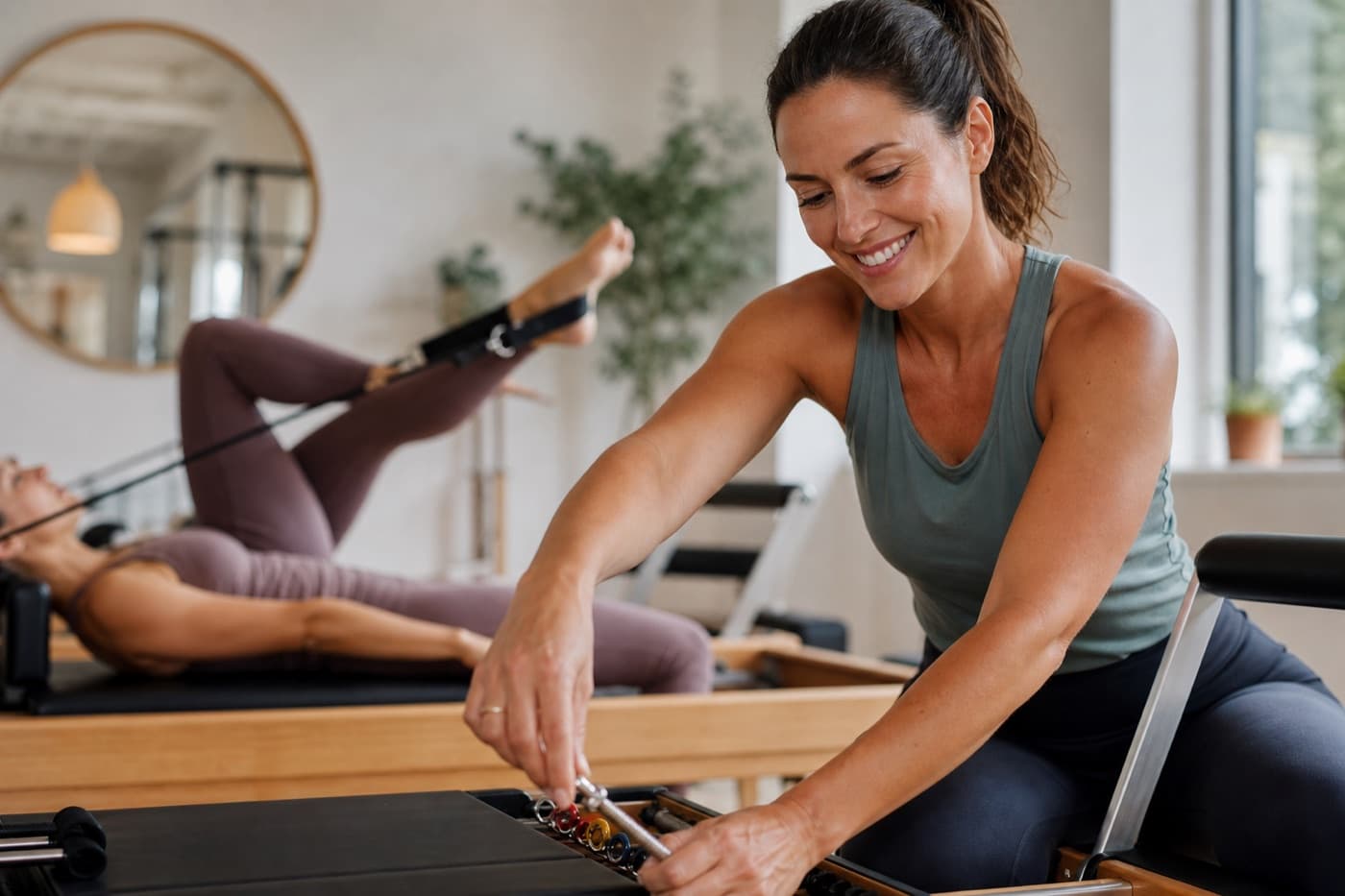 Pilates instructor adjusting reformer springs with a client in class